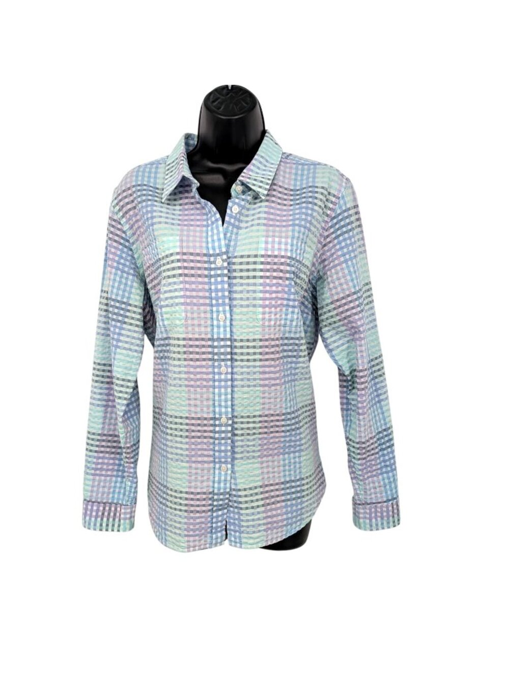 LL Bean Gingham Seersucker Button Up Shirt Long Sleeve Preppy Coastal Large